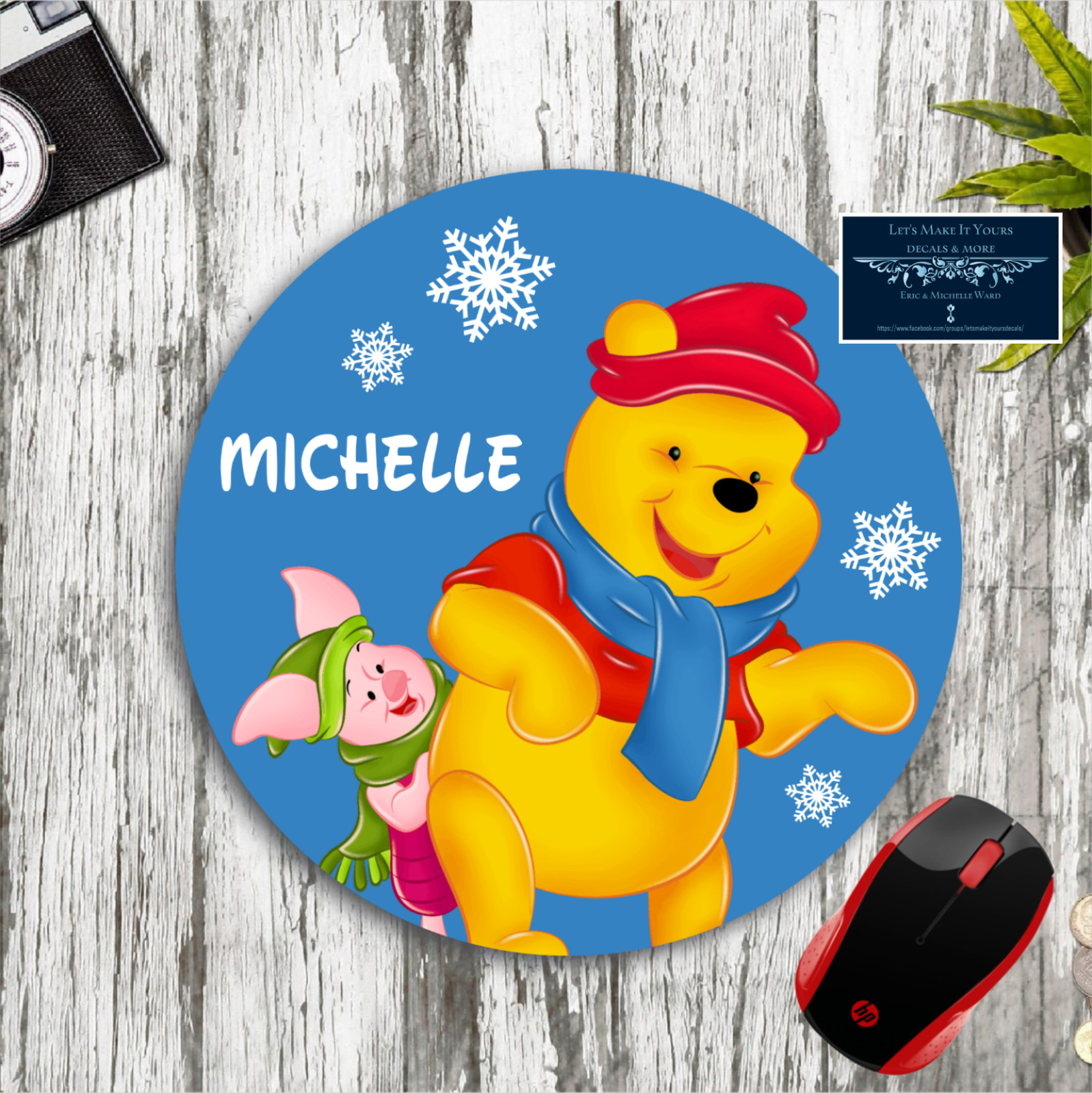 POOH & PIGLET SNOWFLAKES PERSONALIZED W. NAME CUSTOM PC MOUSE PAD DESK MAT GIFT