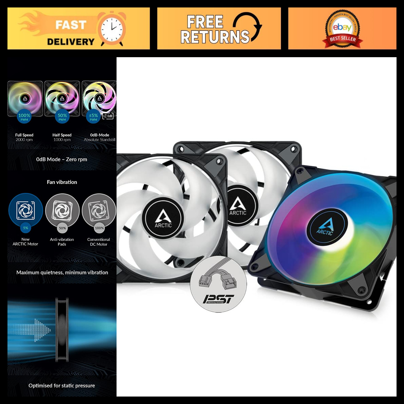 120mm PWM Case Fans (3 Pack) - A-RGB, High Static Pressure, 2000 RPM, Quiet Cool