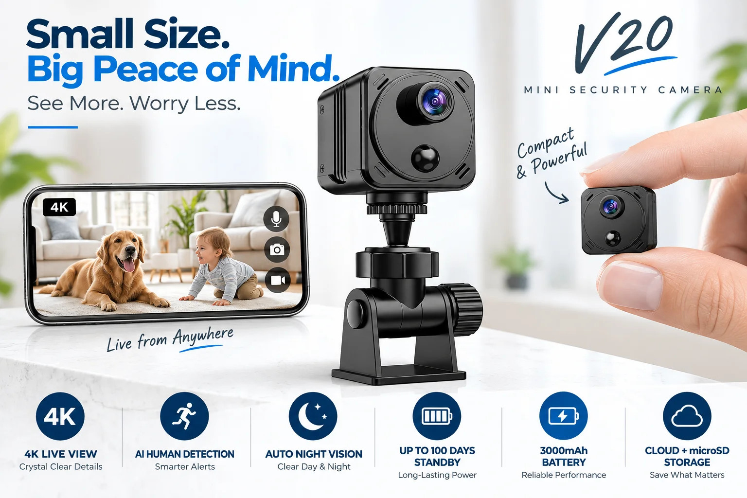 4K Mini WiFi Security Camera AI Detection Night Vision 100-Day Standby Battery