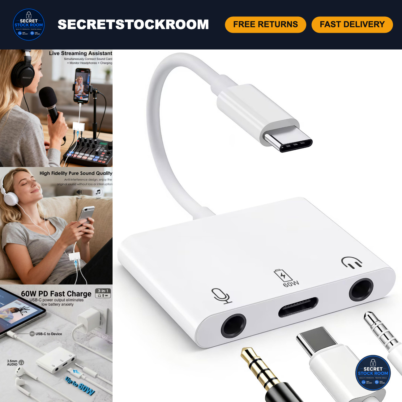 USB C Microphone & 3.5mm Headphone Adapter, PD 60W Fast Charging, Audio Splitter