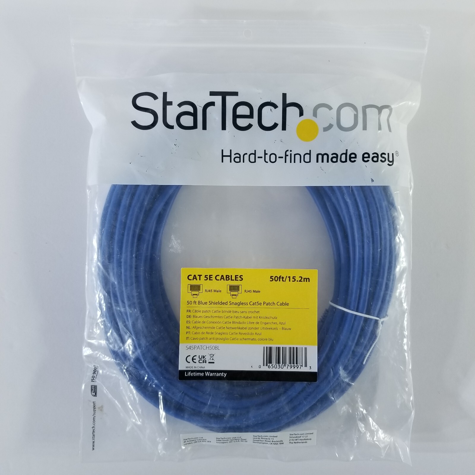 StarTech Cat5E Cable 50ft Blue Shielded STP F/UTP Snagless RJ45 Male Patch Cable
