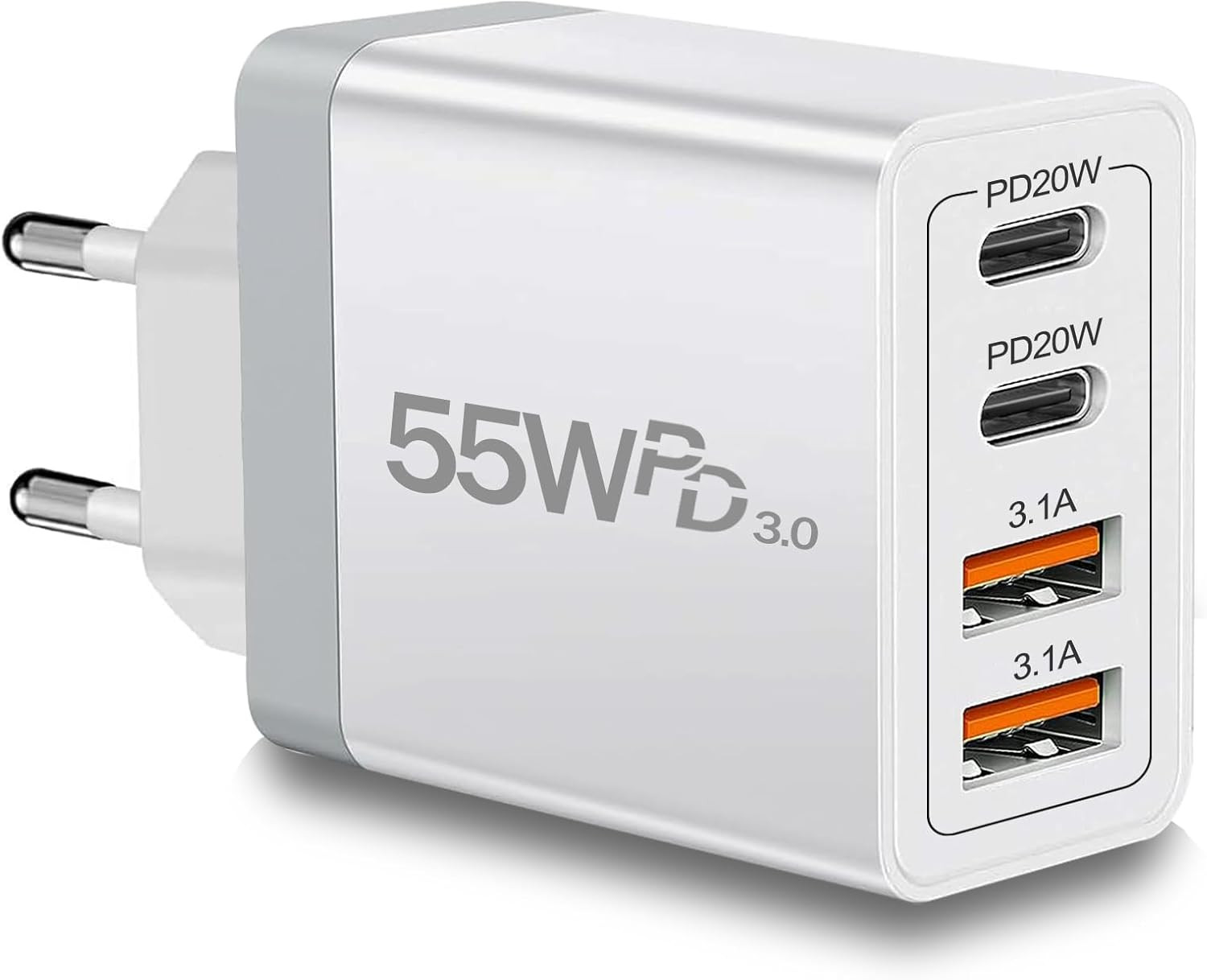European Travel Plug Adapter USB C, 55W USB C European Charger 4-Port Fast