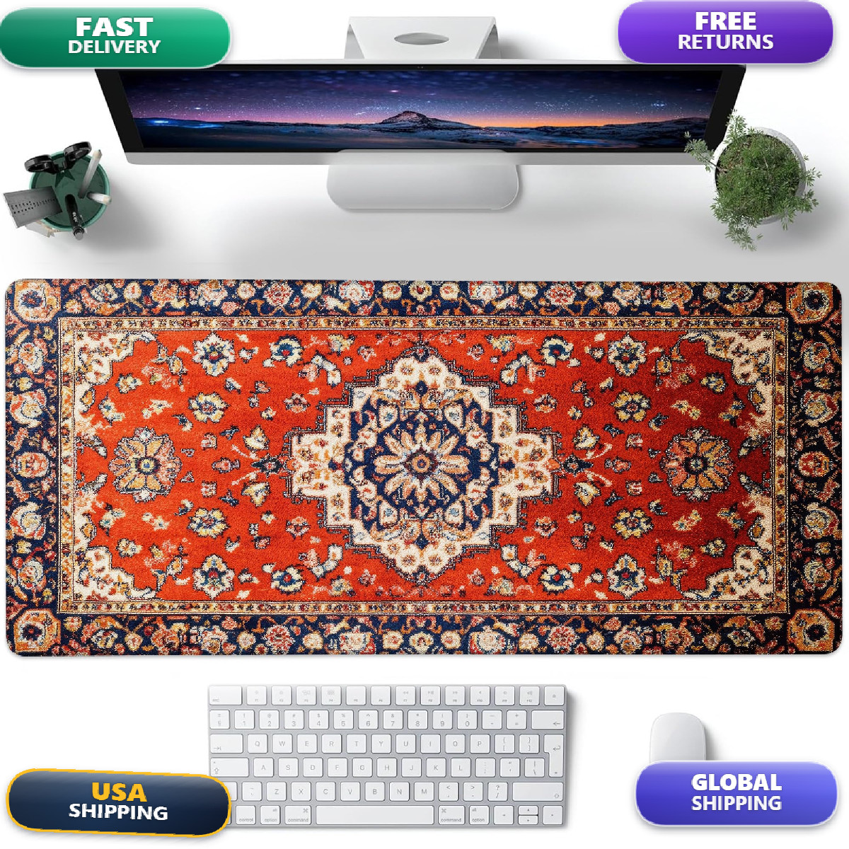 Jajnkhln Desk Pad Vintage Red Boho Rug Xxl Gaming Mouse Pad Stitched