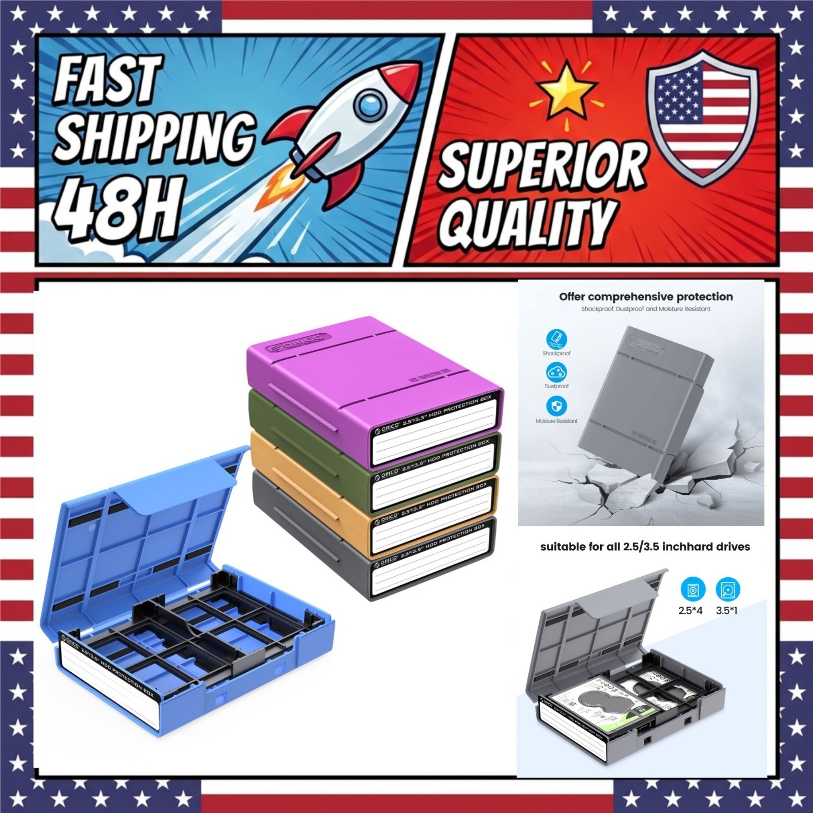 ORICO 5-Pack Hard Drive Carrying Case Protective Box for 3.5/2.5 Inch SSD HDD
