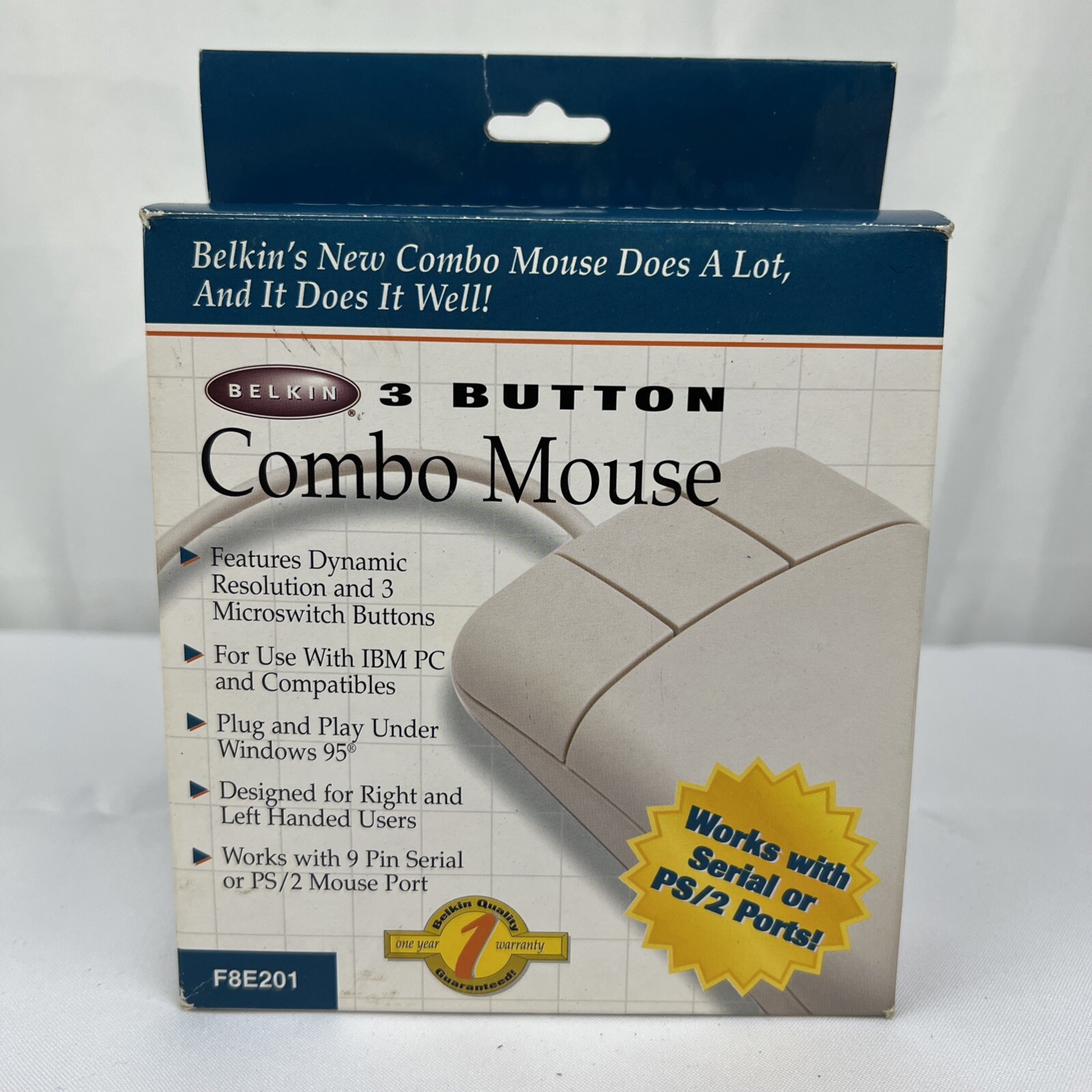 Belkin Off White Beige 3-Button Combo Wired USB Serial PS/2 Mouse F8E201