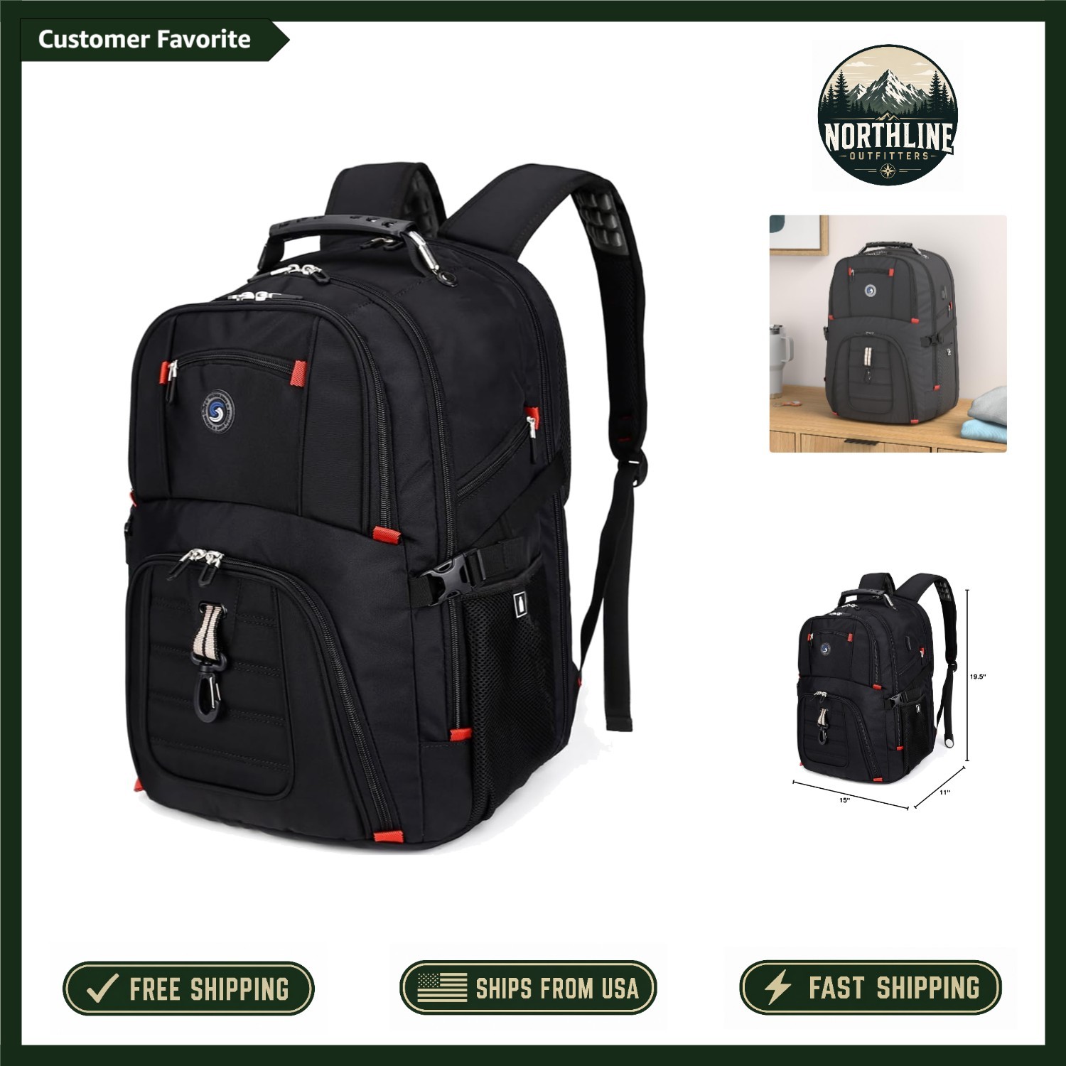 Stylish Black 50L Laptop Backpack with Combination Lock - Fits 17-Inch Laptops