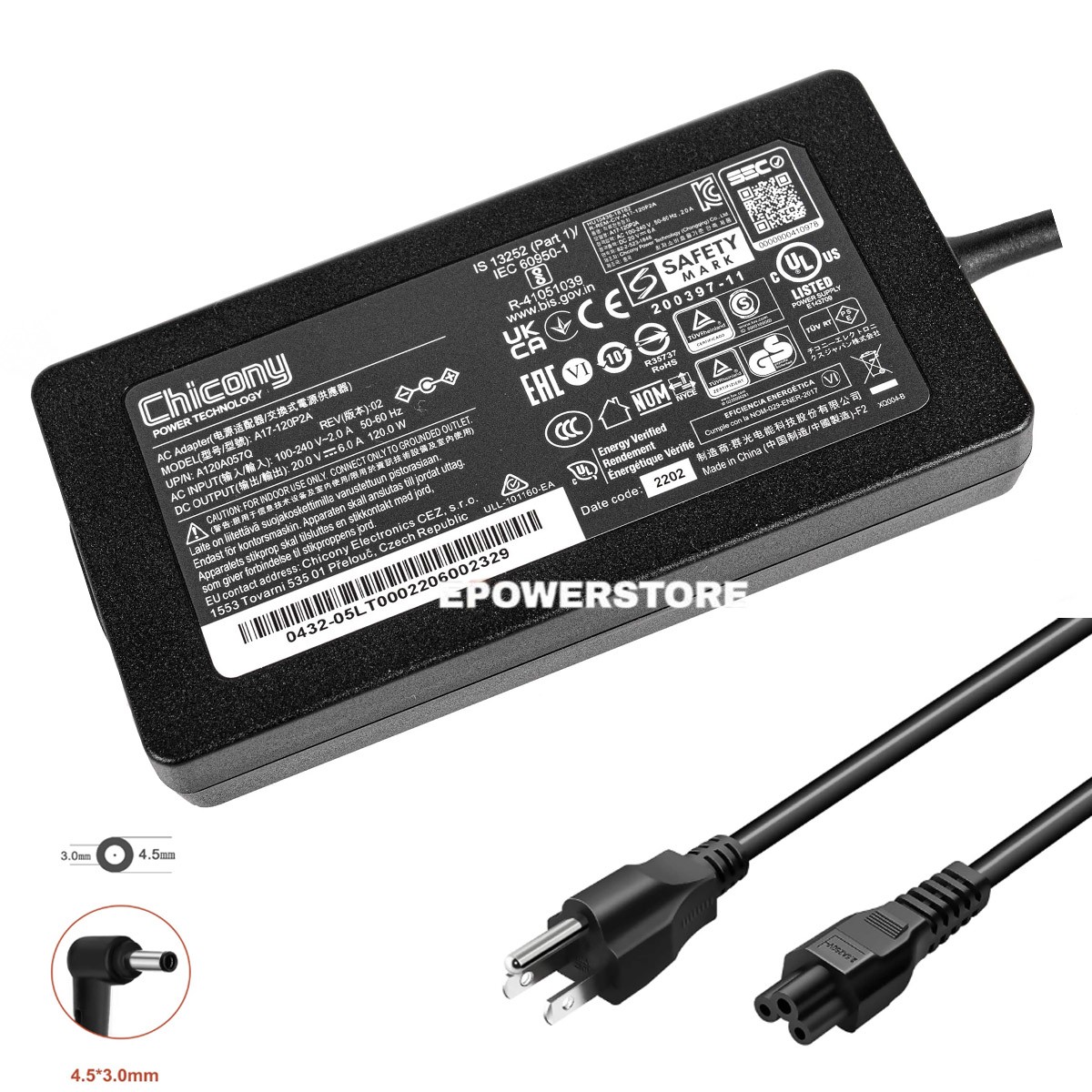 Chicony 20V 120W AC Adapter Charger For MSI Thin GF63 12UCX-2043US Laptop 4.5mm