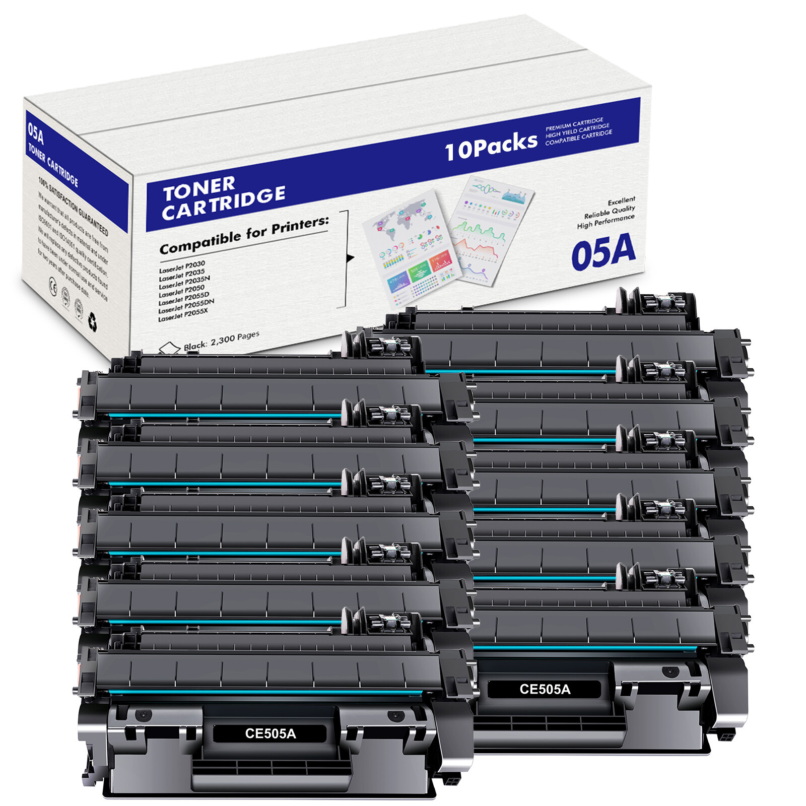 10 Pack for HP 05A CE505A Toner Cartridge LaserJet P2055DN P2035 P2050 P2030
