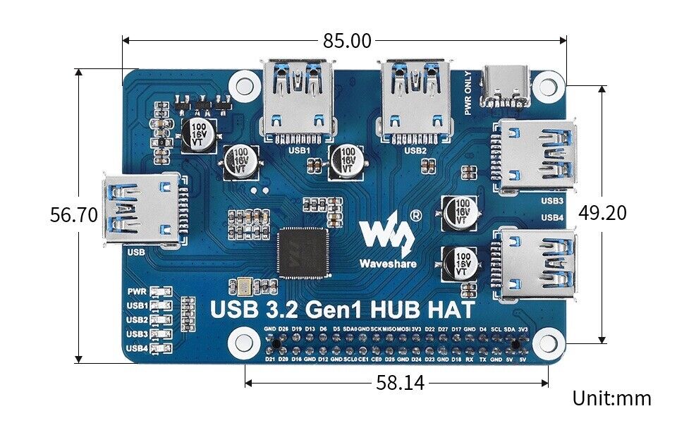 Waveshare USB 3.2 Gen1 HUB HAT for Raspberry Pi 3&4