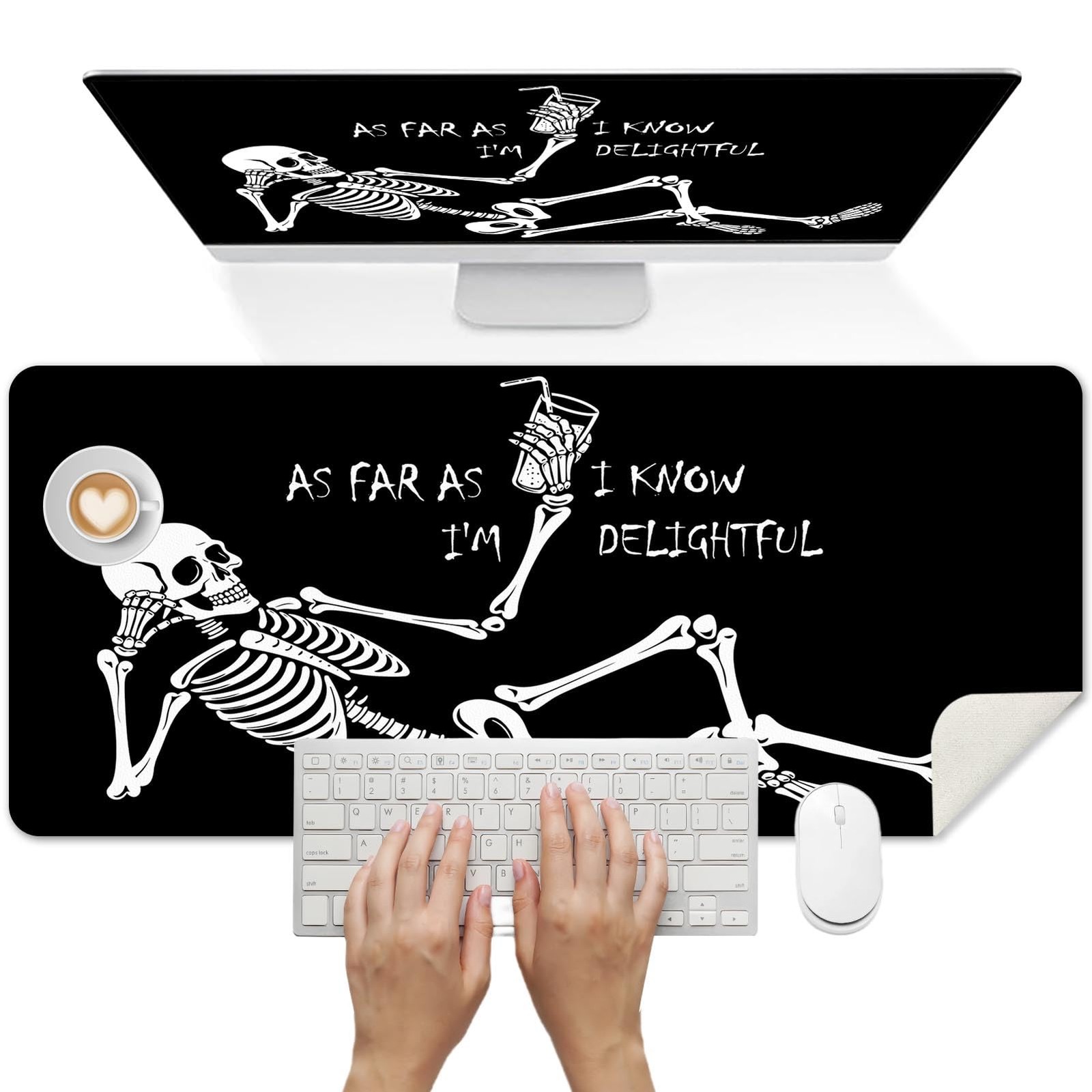 Black Skull Funny Skeleton Desk Mat 31.5x15.7 Inch NonSlip Large Mouse Pad