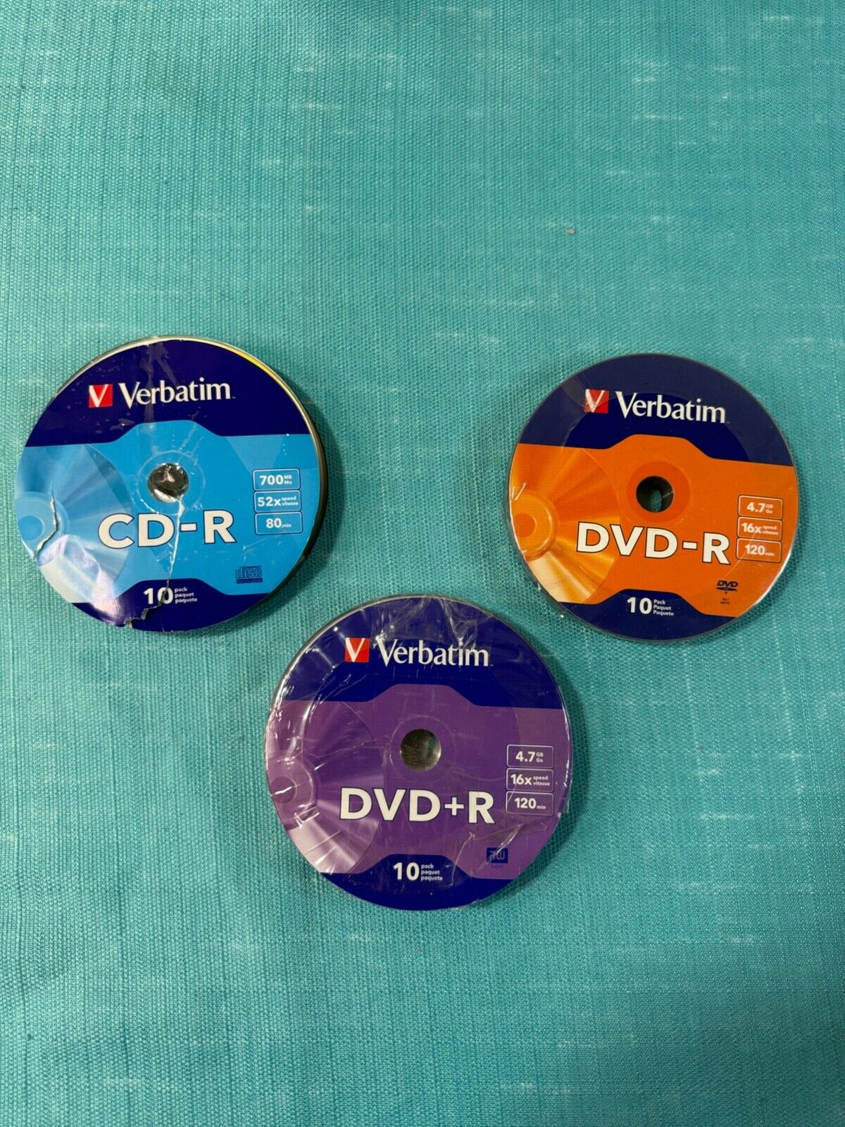 10 pack VERBATIM 52X CD-R; 16X DVD-R; 16X DVD+R All included
