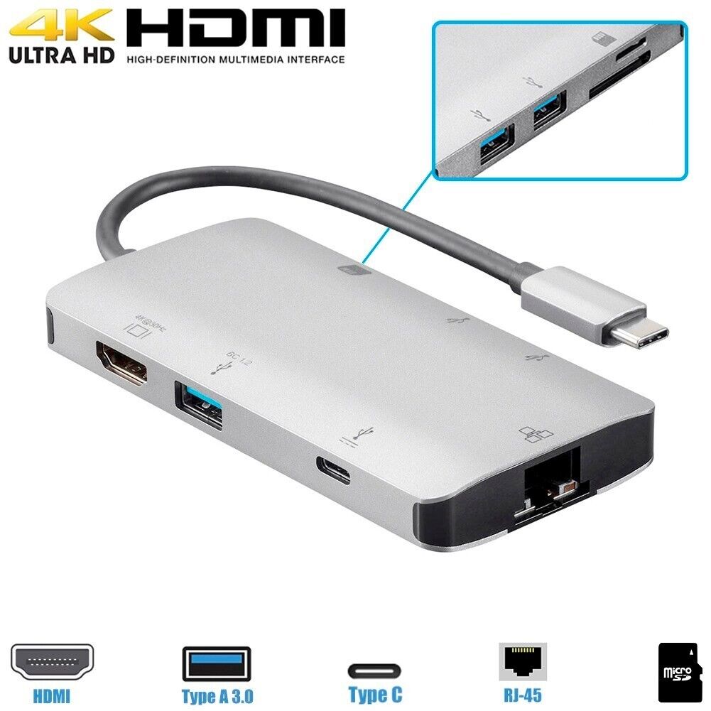 USB-C 3.1 4K HDMI Adapter Gigabit Ethernet 3x USB-A 3.0 & PD Type C MicroSD SD