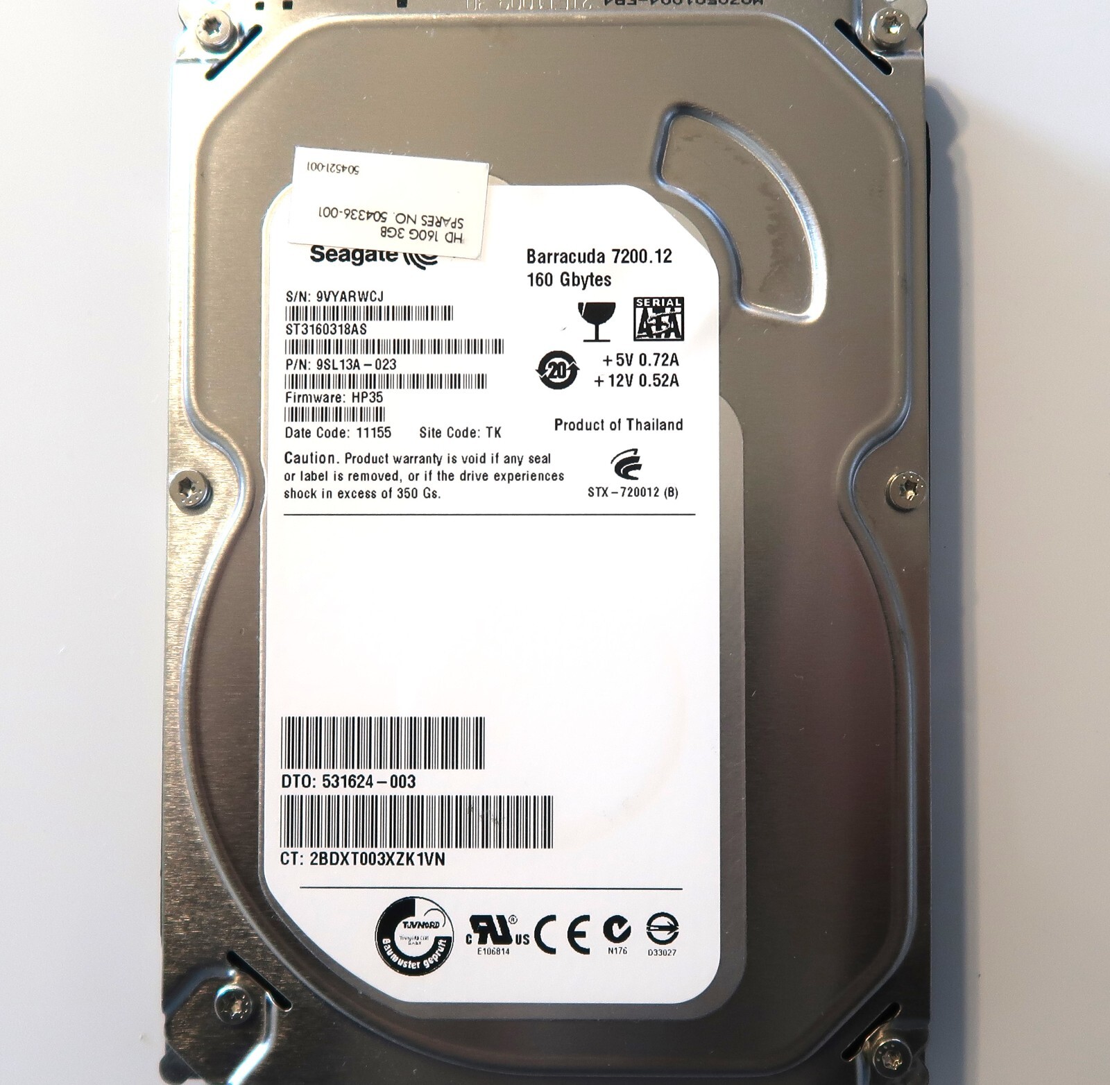 Seagate ST3160318AS 9SL13A-023 HP35 (9VYA) TK Thailand 3.5" 160gb Sata 10/2010
