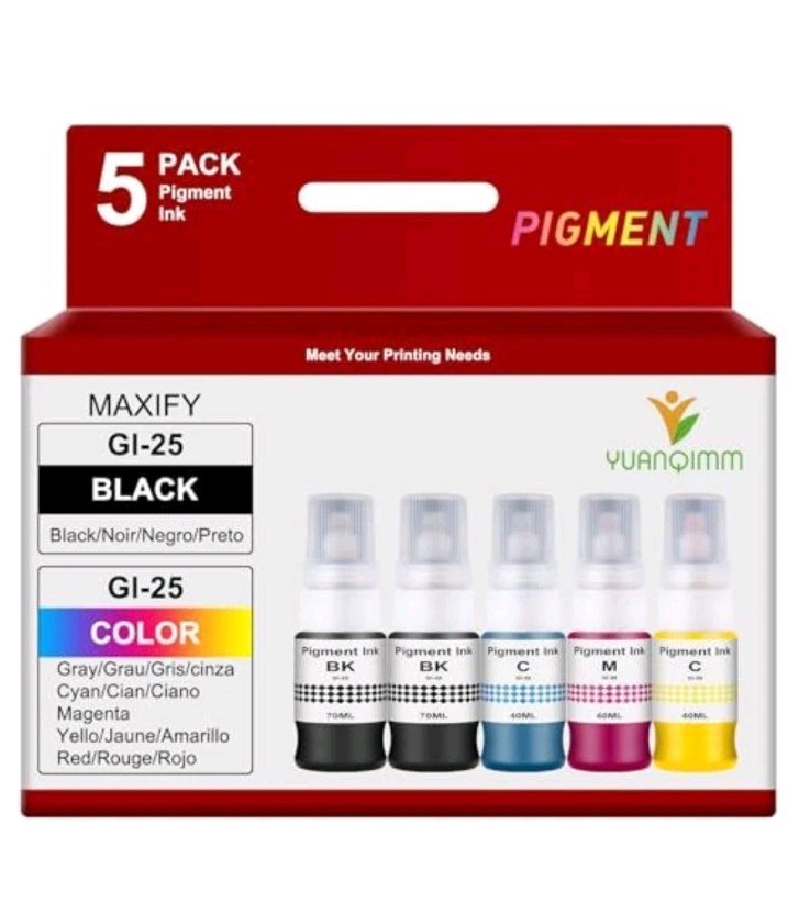 Yuanqimm GI-25 Pigment Ink Refill 5 Pack for Canon GX1020 GX2020 (4 Colors)