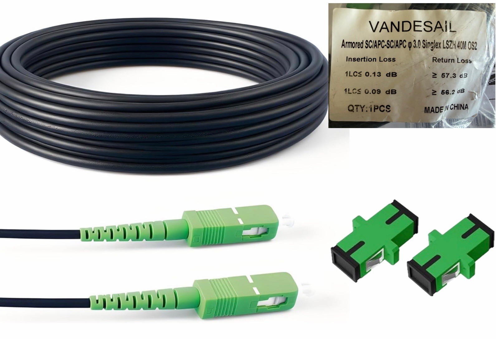 VANDESAIL 40m Armored Singlemode Fiber Optic Cable SC/APC 3.0 Singlex LSZH OS2