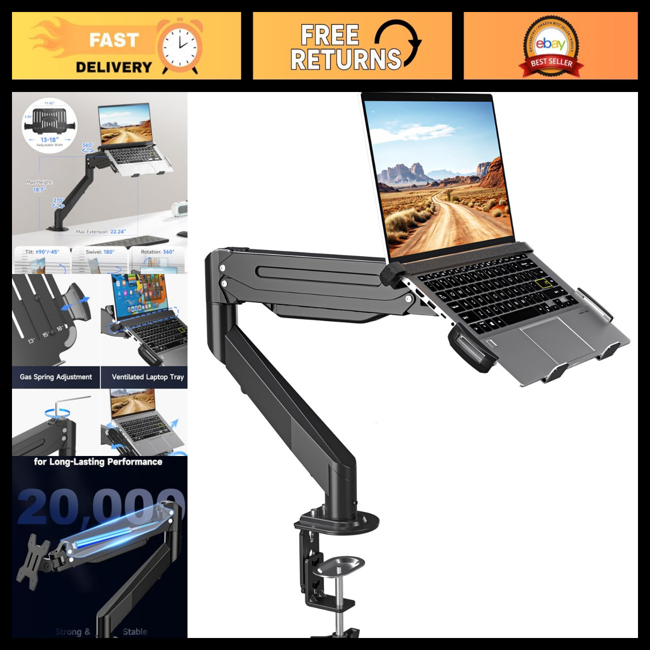 Adjustable Laptop & Monitor Desk Mount Stand, Fits 13-35" Screens, Holds 24.25lb