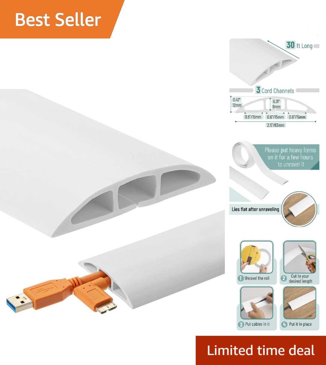 Bates Floor Cord Cover 30ft - Durable, White PVC Cable Hider for Home & Office