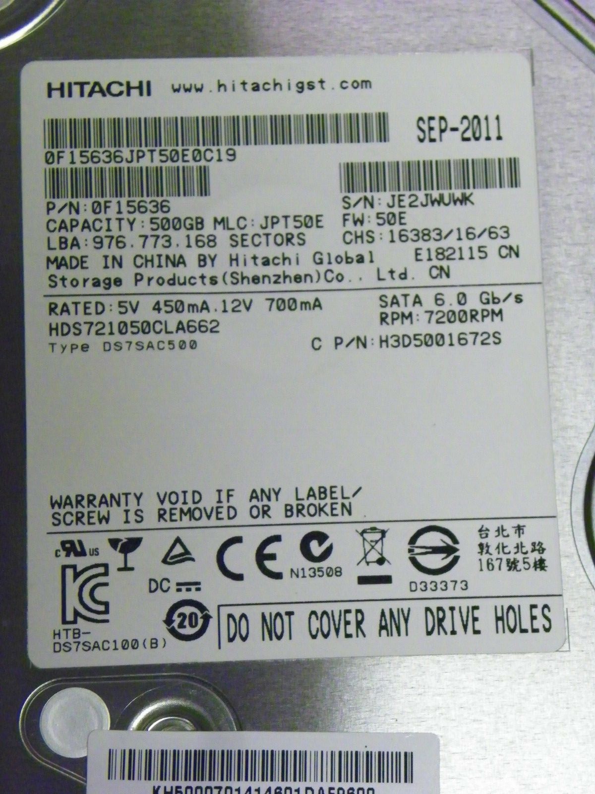 Hitachi HDS721050CLA662 P/N:0F15636 MLC: JPT50E 500GB 3.5" SATA Hard Drive