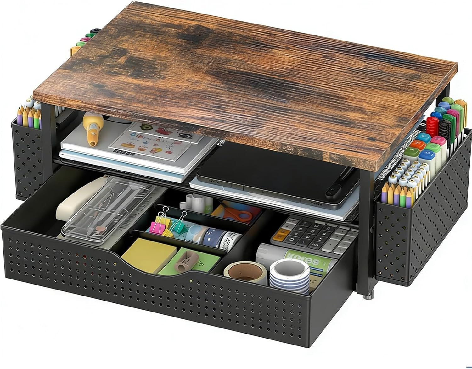 Wood Monitor Stand Riser with Drawer and 2 Pen Holders Desk Organizer