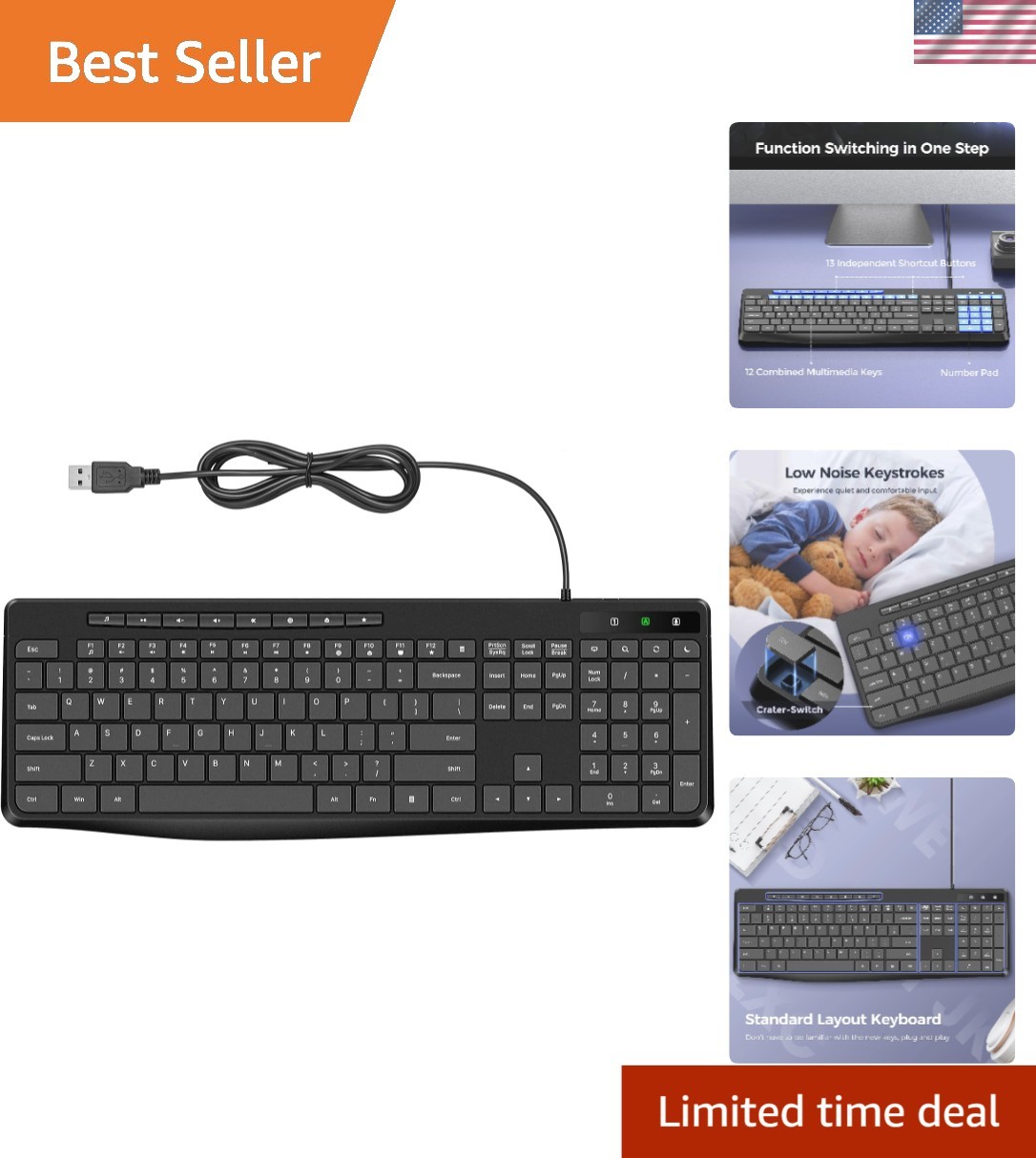 Multimedia USB Keyboard - Full-Size, Spill Resistant, and Quiet for All Devices