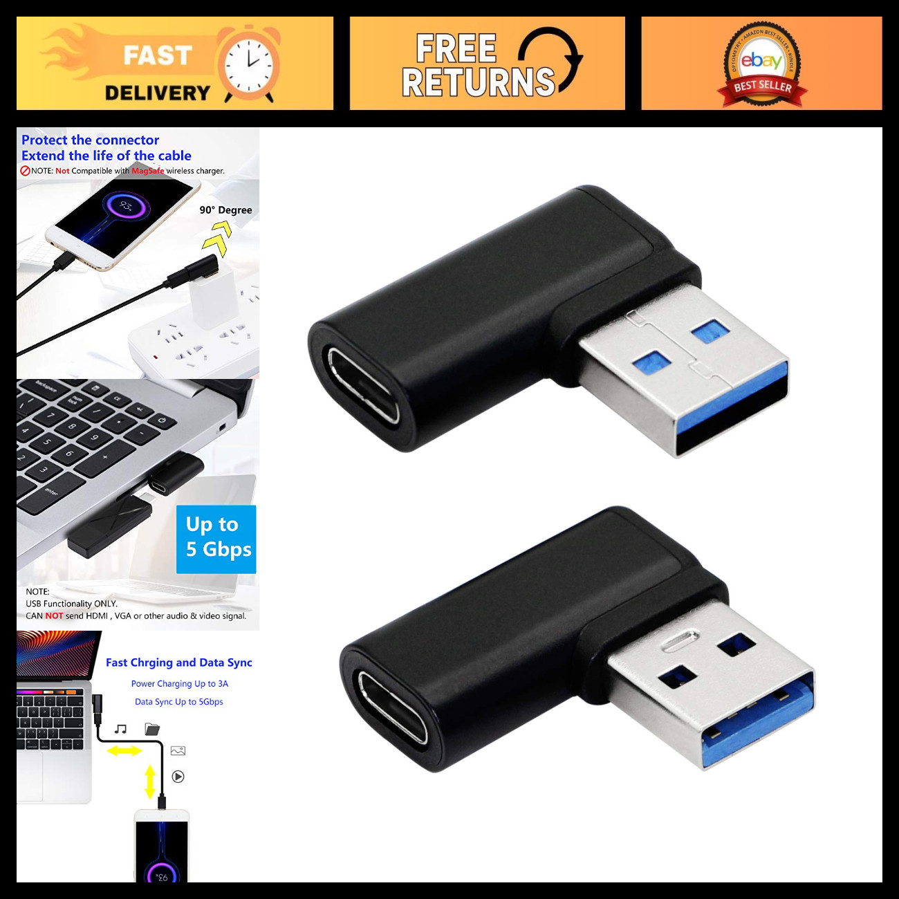 90° USB C to USB A Adapter, Right & Left Angle 3.0 Male to Type C 3.1 Female (2-