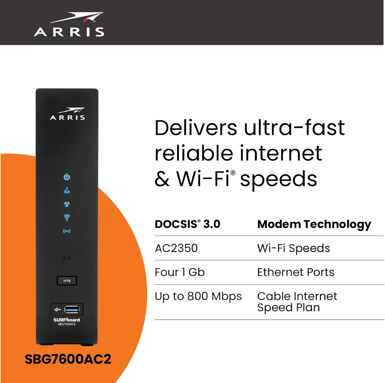 ARRIS SURFboard SBG7600AC2 DOCSIS 3.0 Cable Modem & AC2350 Wi-Fi Router | Approv