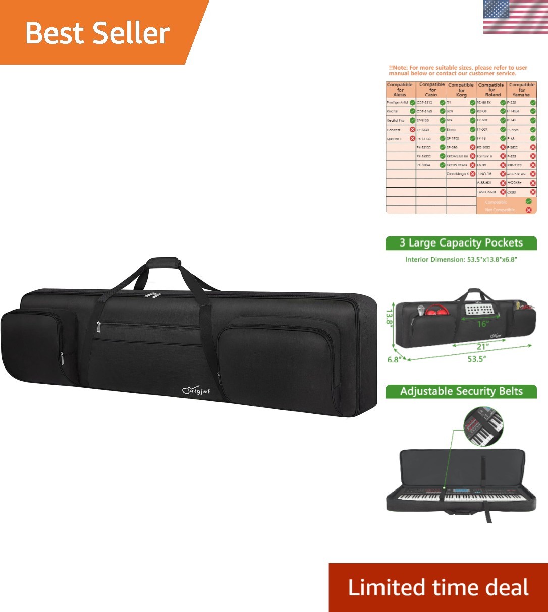 Ultra-Portable 88-Key Keyboard Gig Bag with Adjustable Straps & Zipper Closure