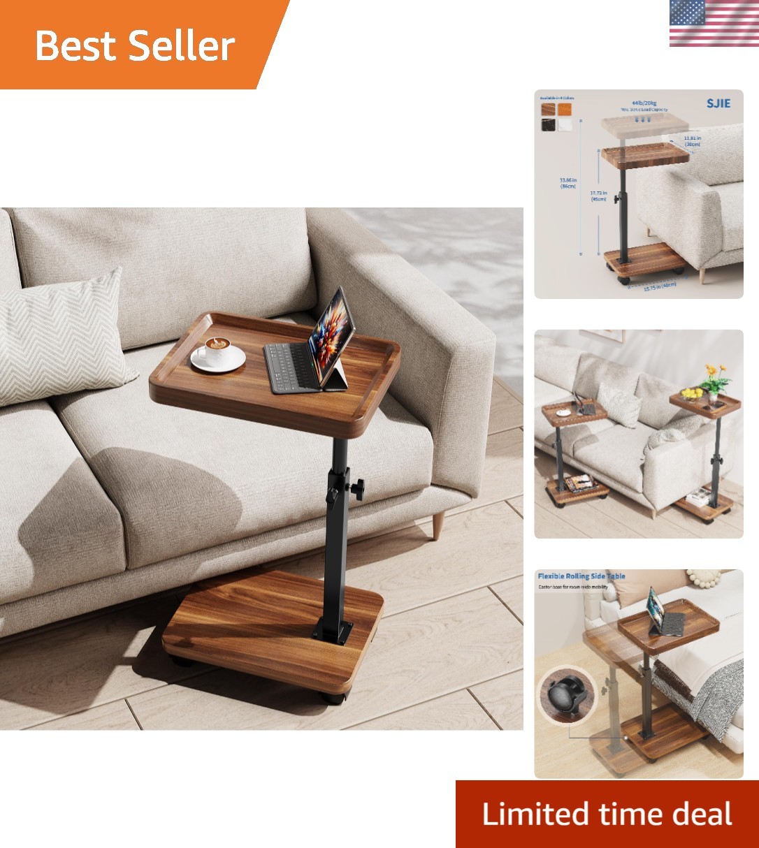 Stylish Walnut Rolling C Table - Adjustable Height & 360° Swivel for Any Room