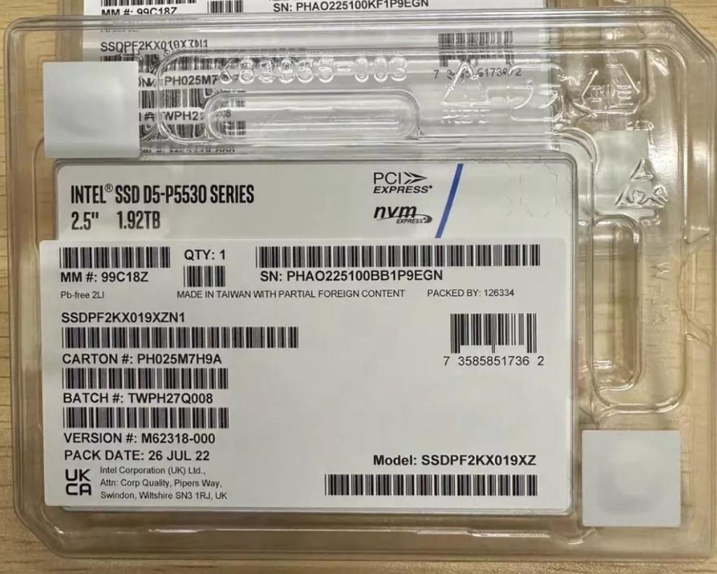 Intel DC D5 P5530 Series 1.92TB SSD NVME U.2 Solid State Drive SSDPF2KX019XZN1