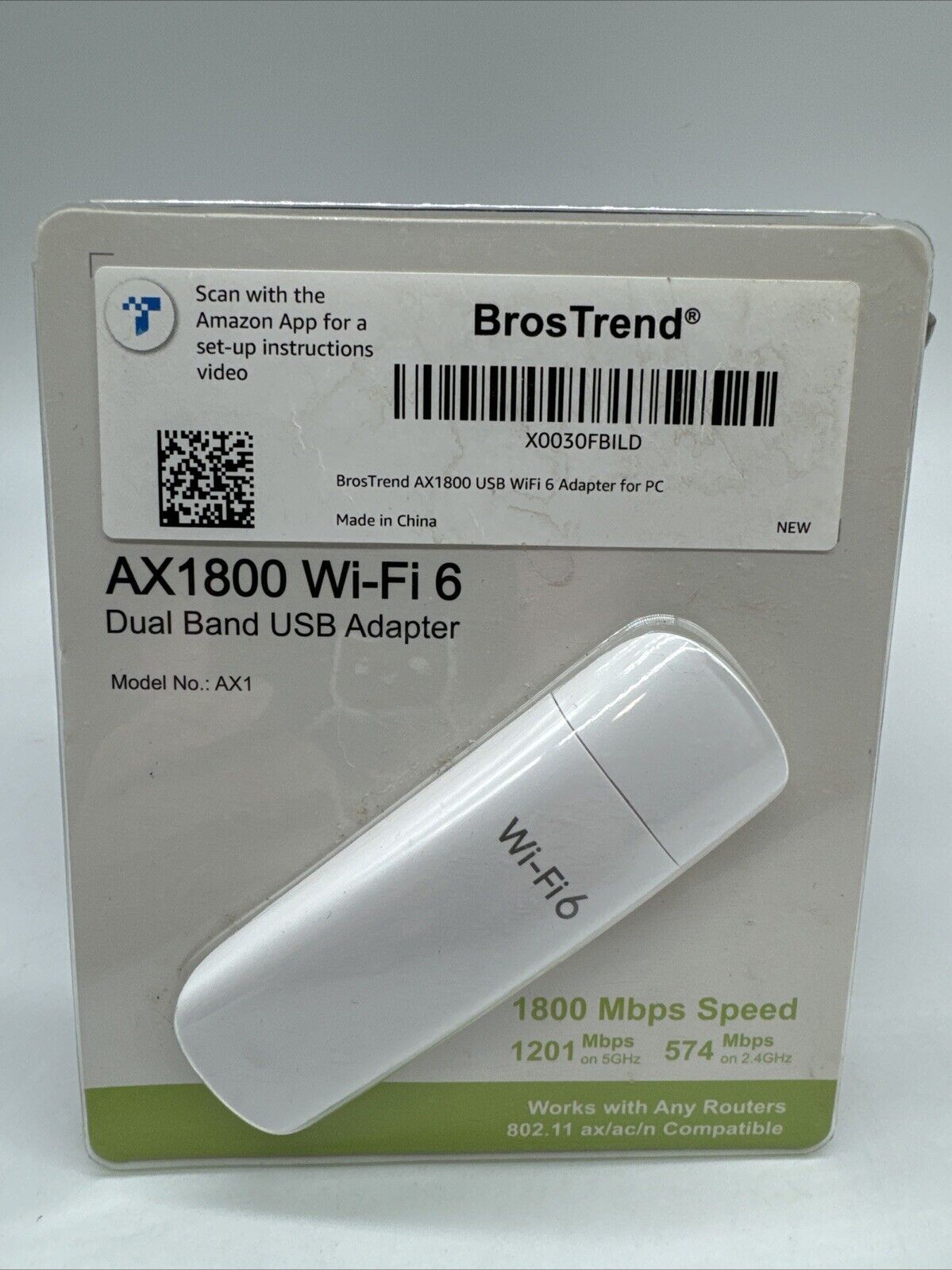 BrosTrend AX1800 WIFI 6 USB Dual Band USB Adapter. Model No.:AX1