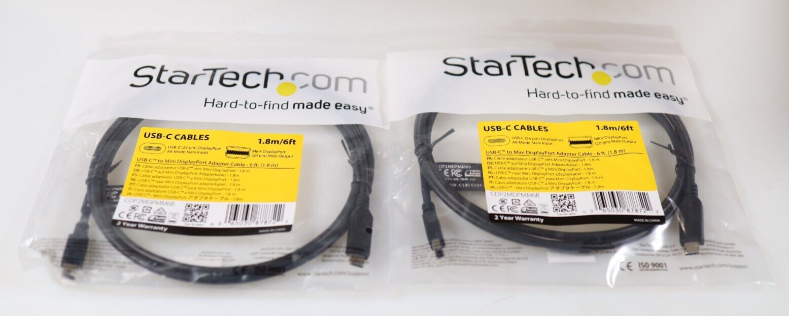 New Lot 2x StarTech CDP2MDPMM6B USB-C to Mini DisplayPort 4K Cable