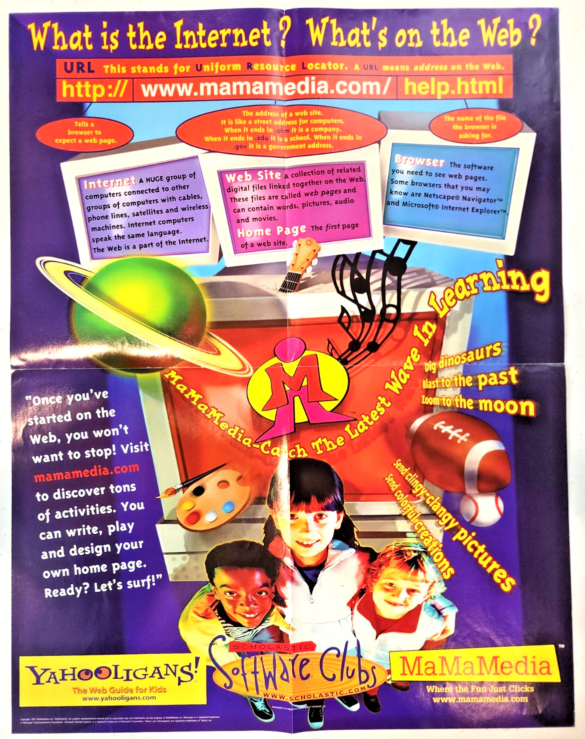 Vintage RARE 90s 1997 Yahoo + Scholastic "What is the internet?" poster 17x22