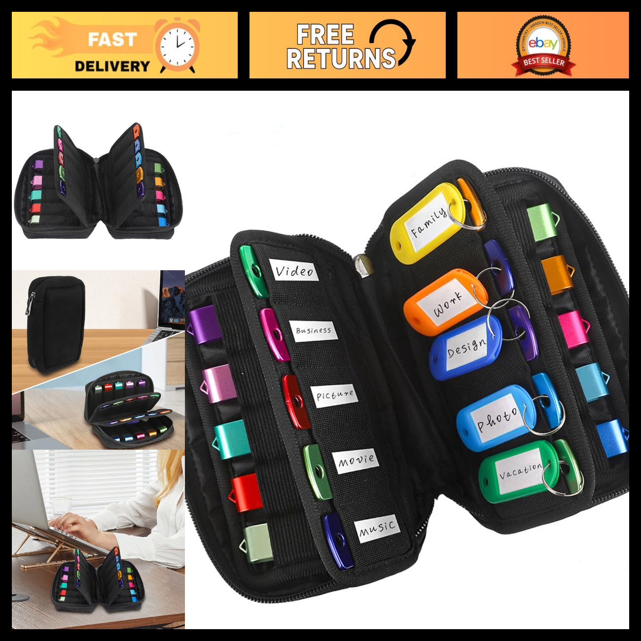 Premium Neoprene USB Flash Drive Case Organizer with 20 Slots & Labels - Black