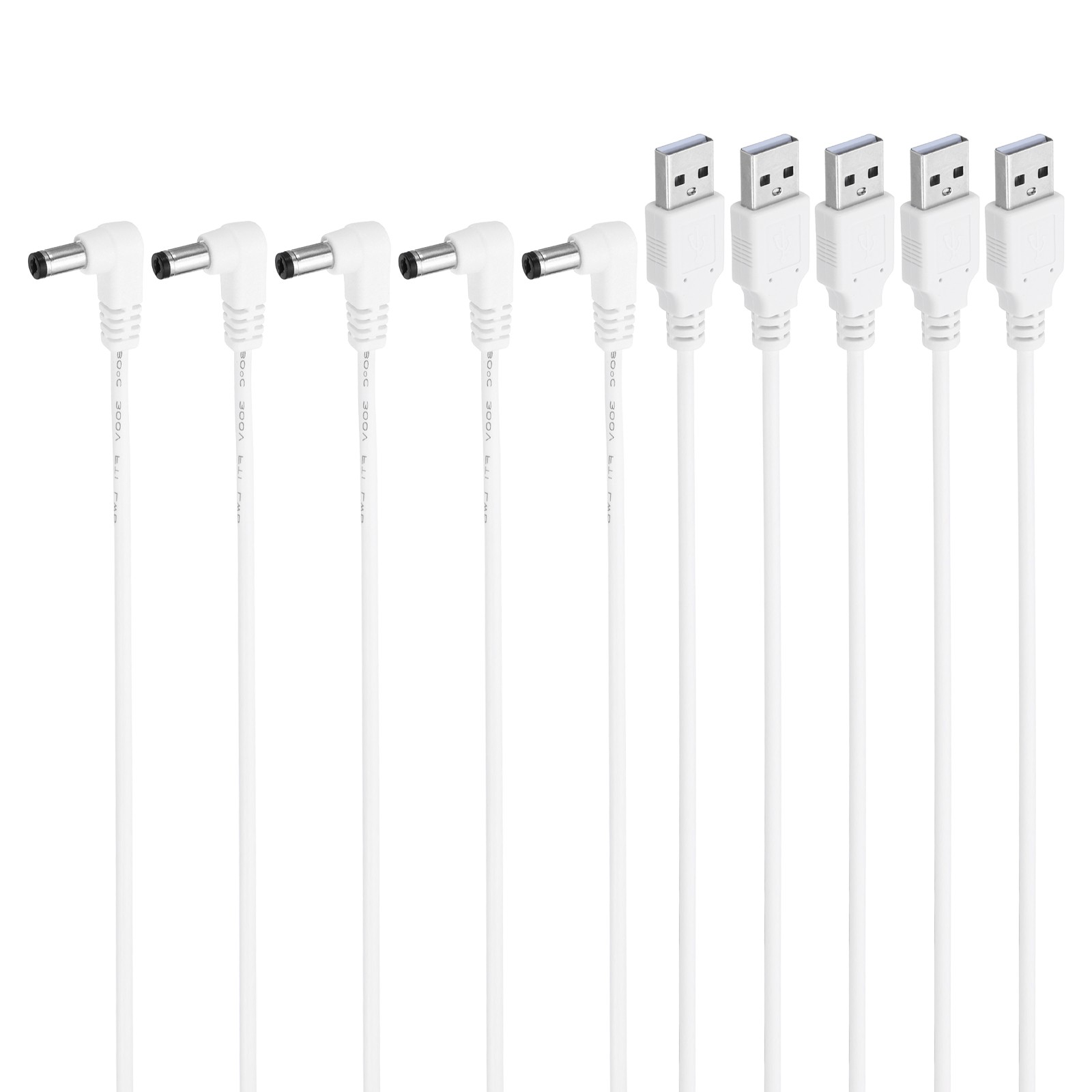 5pcs USB 2.0 A Type to DC 5.5x2.1mm 90 Degree Angle Barrel Power Cable White