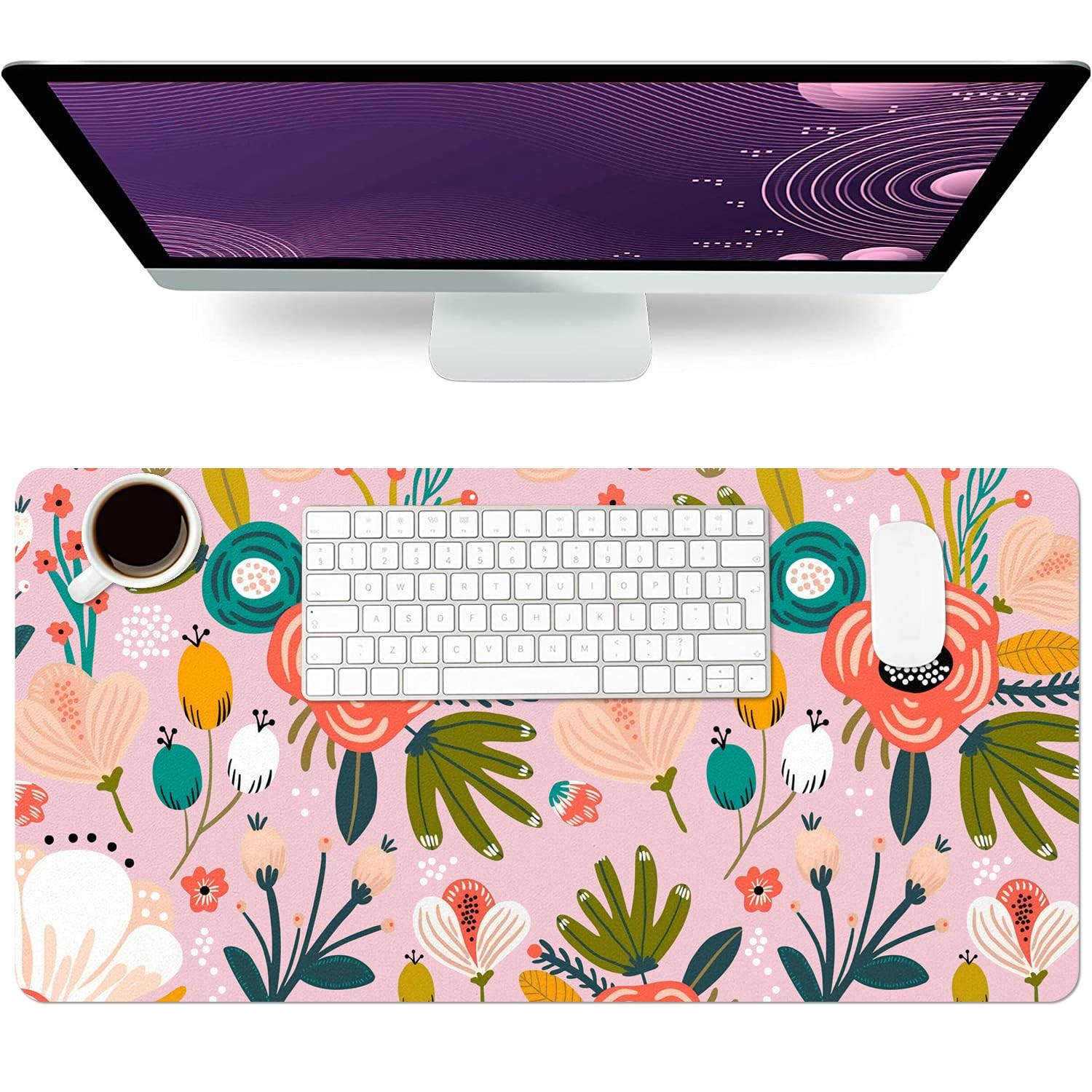 YOUWOUS Pink Floral Desk Mat, Large Non-Slip Leather Desk Pad 23.6"x11.8"