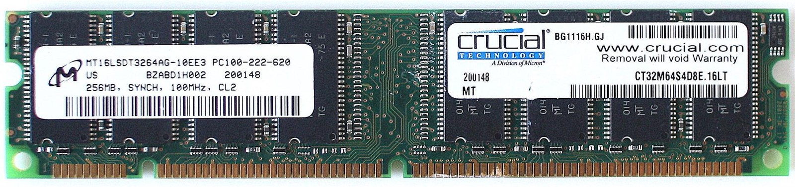 Memory 256mb,synch,100mhz,cl2,mt16lsdt3264ag-10ee3,pc100-222-620, ct32m64s4d8e.