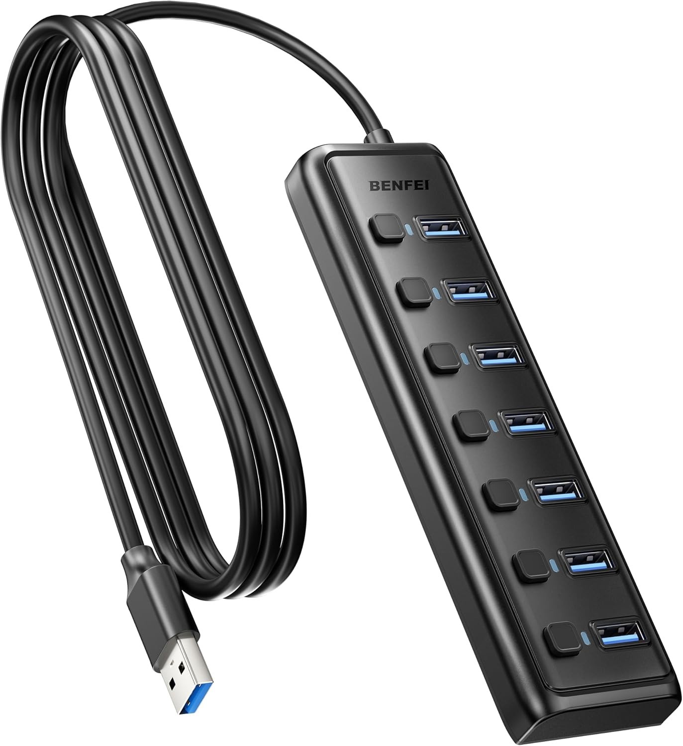 7 Port USB 3.0 Hub Splitter 5Gbps High Speed Individual LED Switches Data Adapte