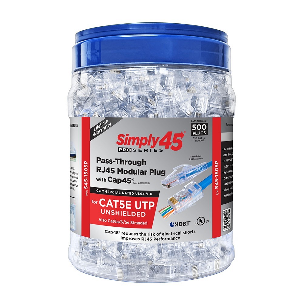 Simply45 ProSeries Cat5e Unshielded PassThrough RJ45 Modular Plugs/Cap45 - 500PK