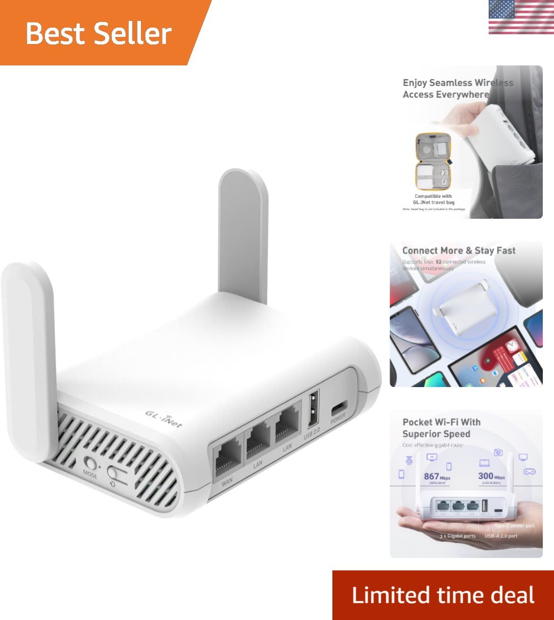 GL-Opal AC1200 Travel Router: Portable Dual-Band Wi-Fi with 3 Gigabit Ports