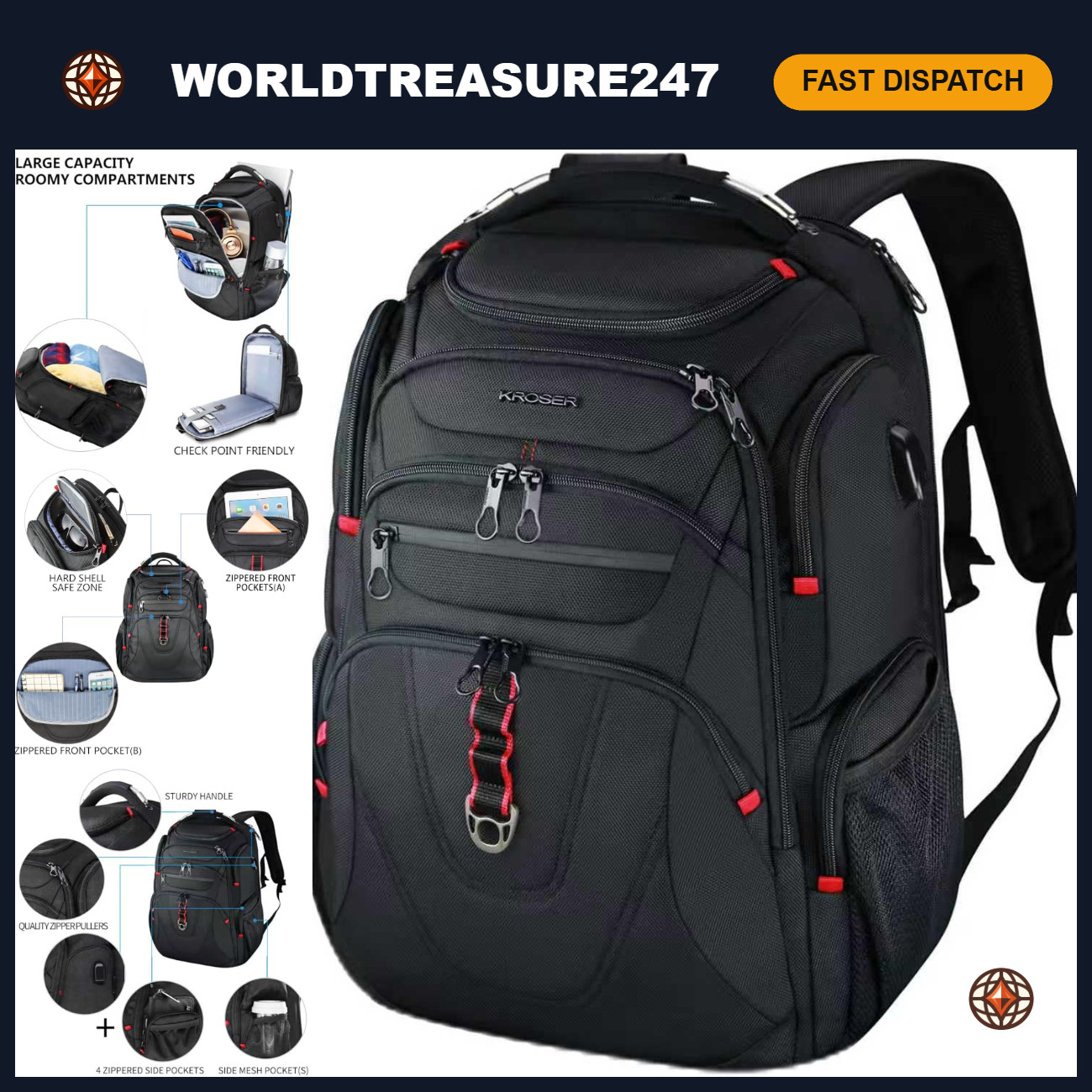 TSA-Friendly 17.3" Travel Laptop Backpack, Water-Repellent College Daypack with