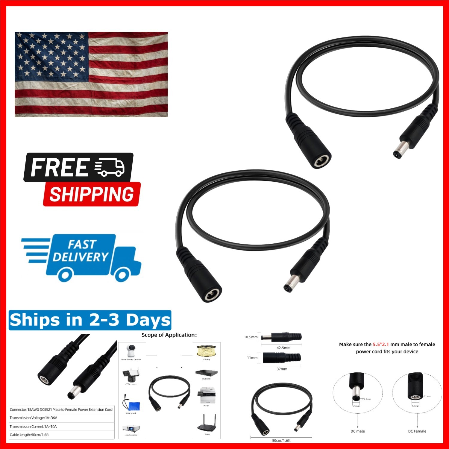 1.6FT DC Power Extension Cable 5.5mmx2.1mm - 2pcs Pure Copper & Shock Resistant