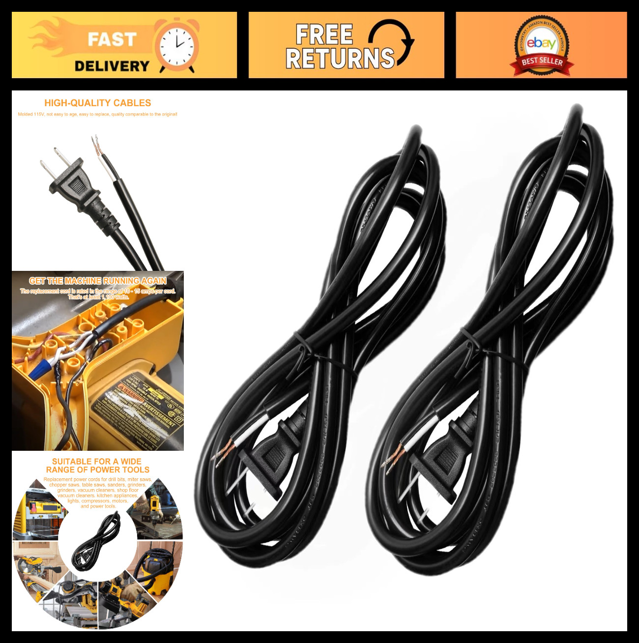 8FT 2 Prong Polarized Power Cord, 18 Gauge Extension Cable for Tools - 2 Pack