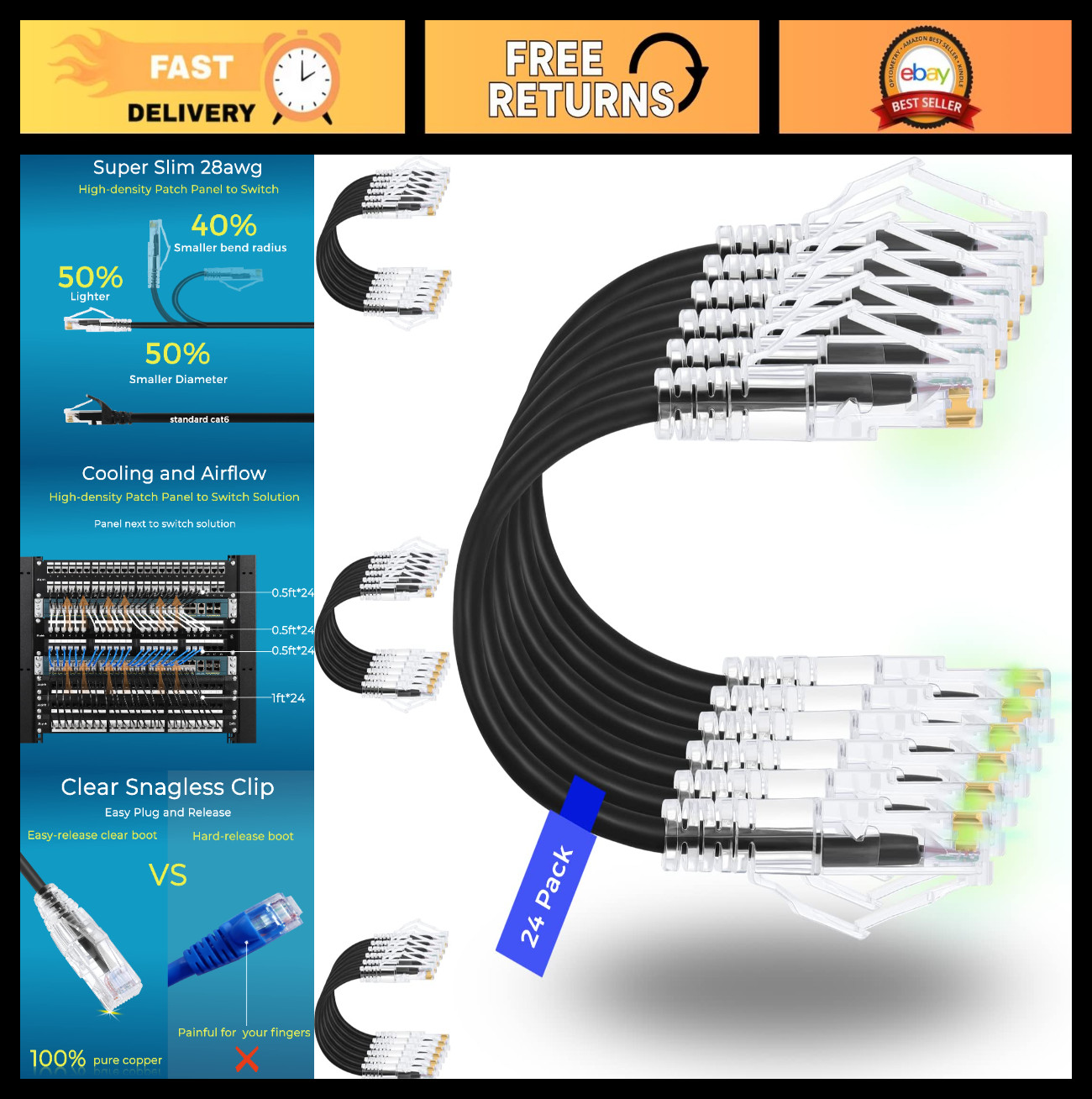 24-Pack 1ft Cat6/Cat6a Ethernet Patch Cables - Snagless, 10G Support, Slim Desig