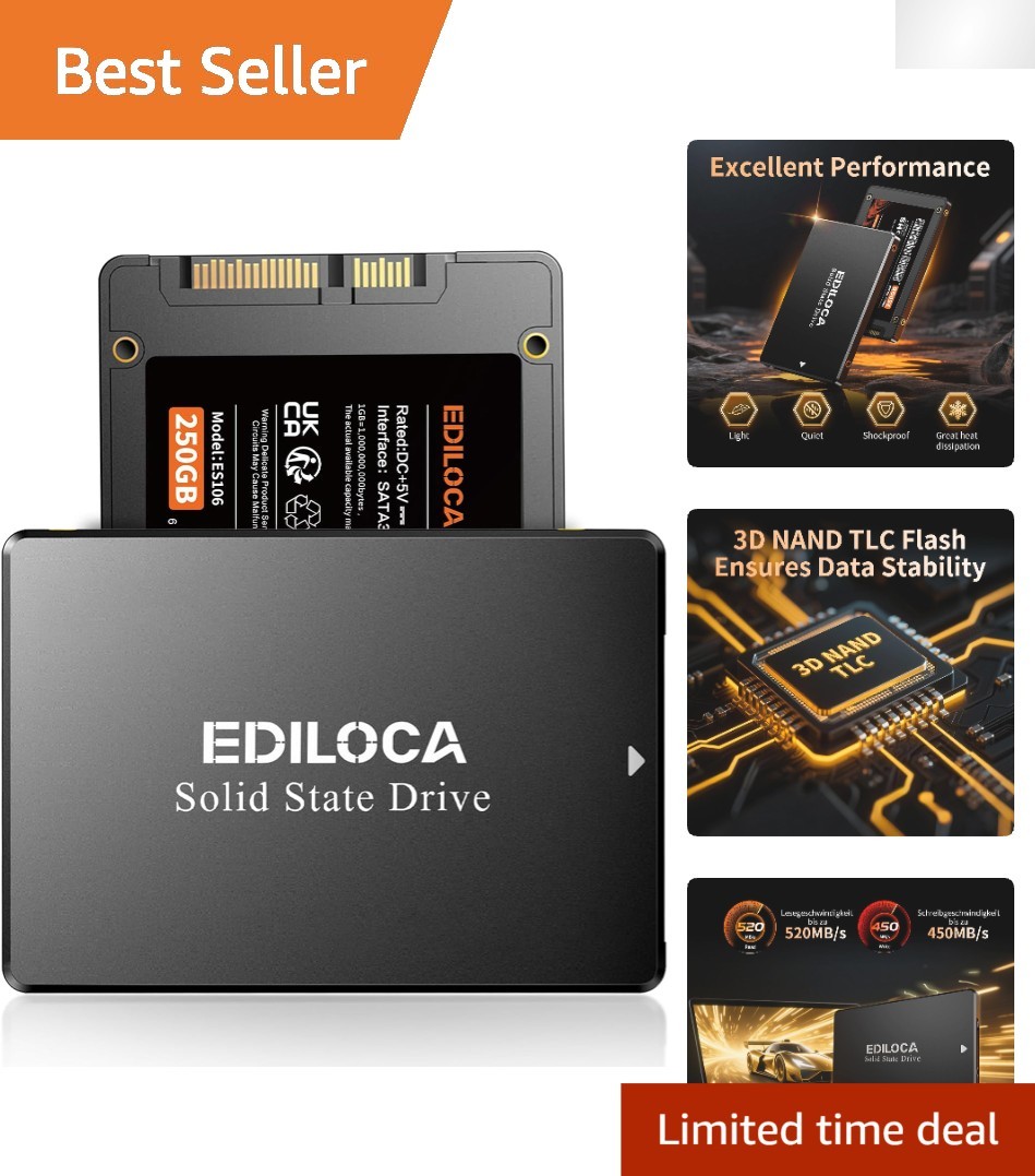 250GB SATA III SSD - High-Speed 520MB/s Read, Shock-Proof & Durable Design