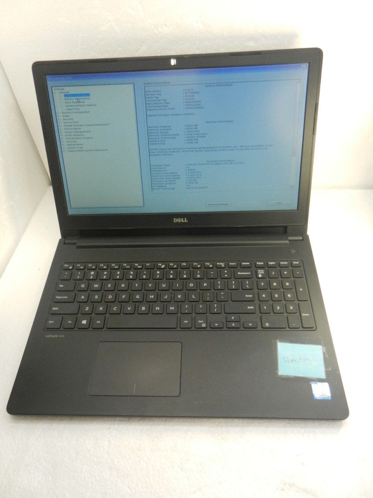 Dell Latitude 3570 Laptop Core i5-6200U @ 2.30GHZ / 8GB / NO HDD - BOOTS TO BIOS