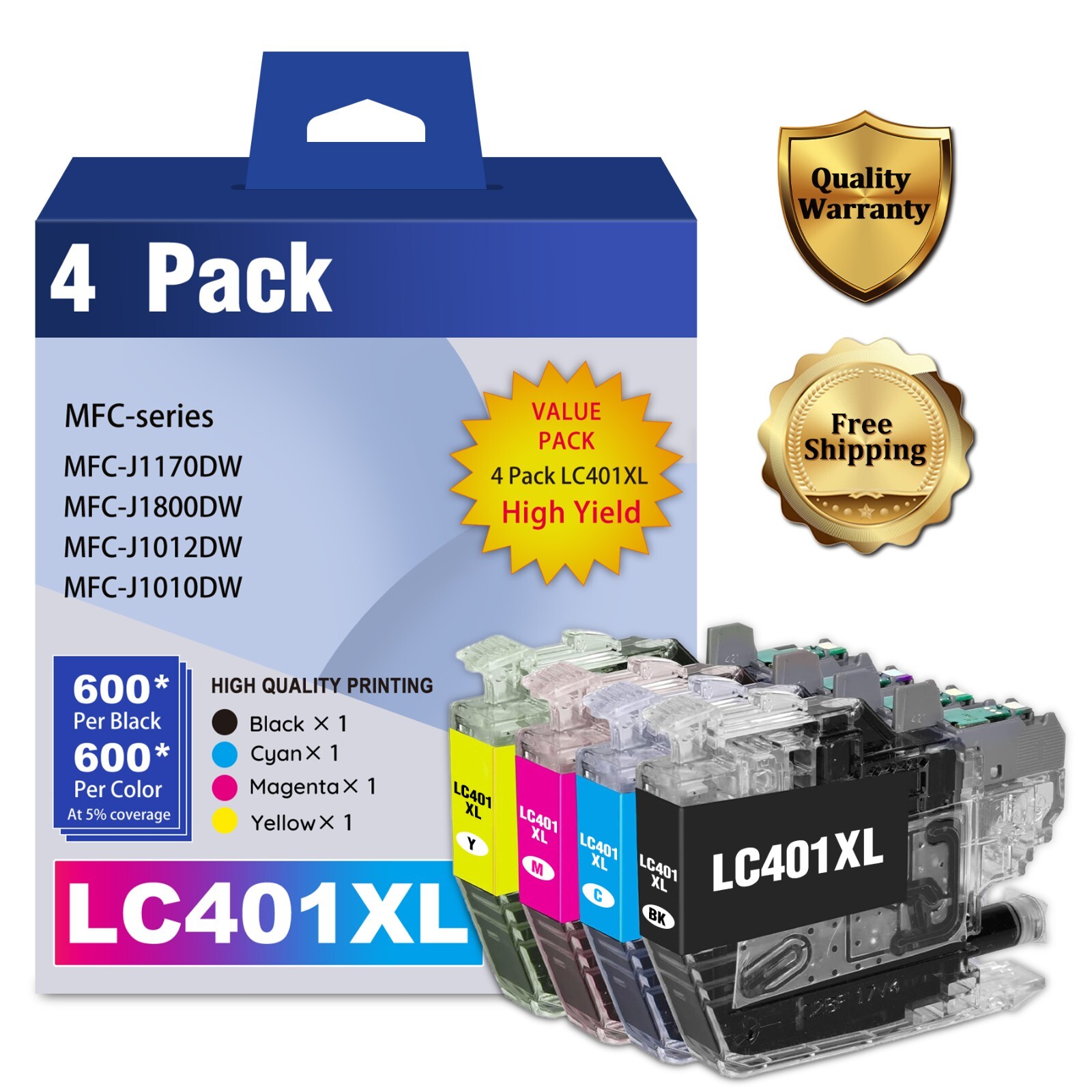 LC401XL Ink Cartridges 4-Pack for Brother MFC-J1012DW J1010DW J1800DW Printers