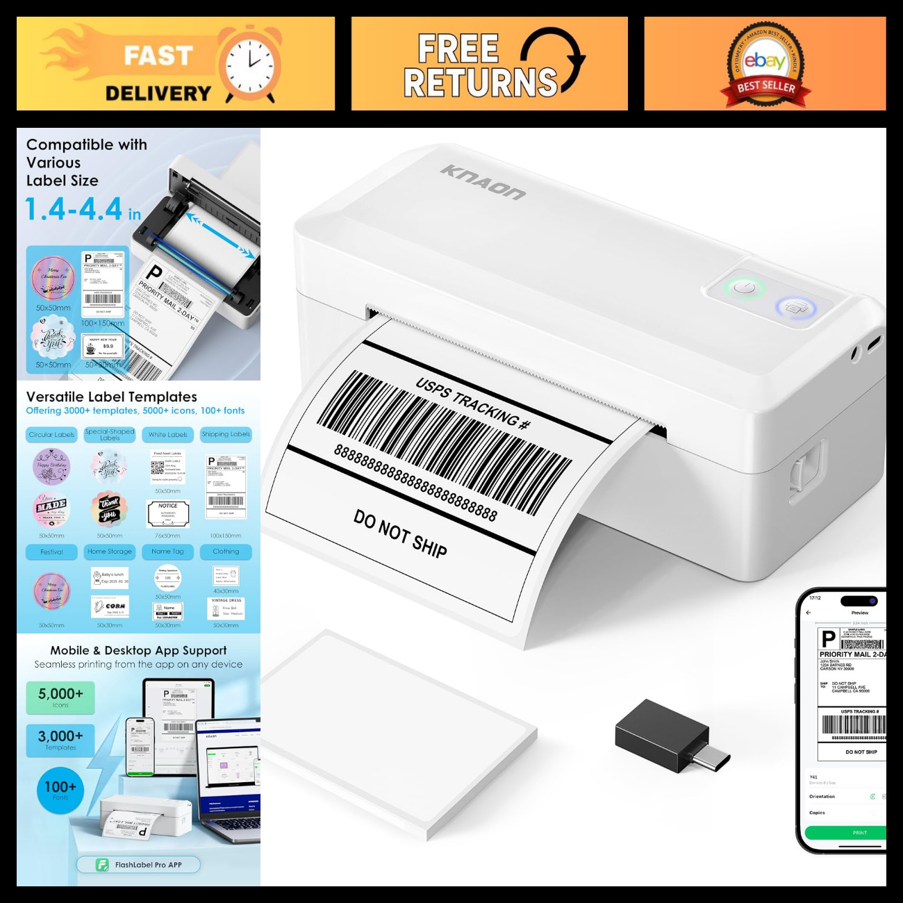 Portable 4x6 Thermal Shipping Label Printer - High-Speed, Easy Setup, Compact De