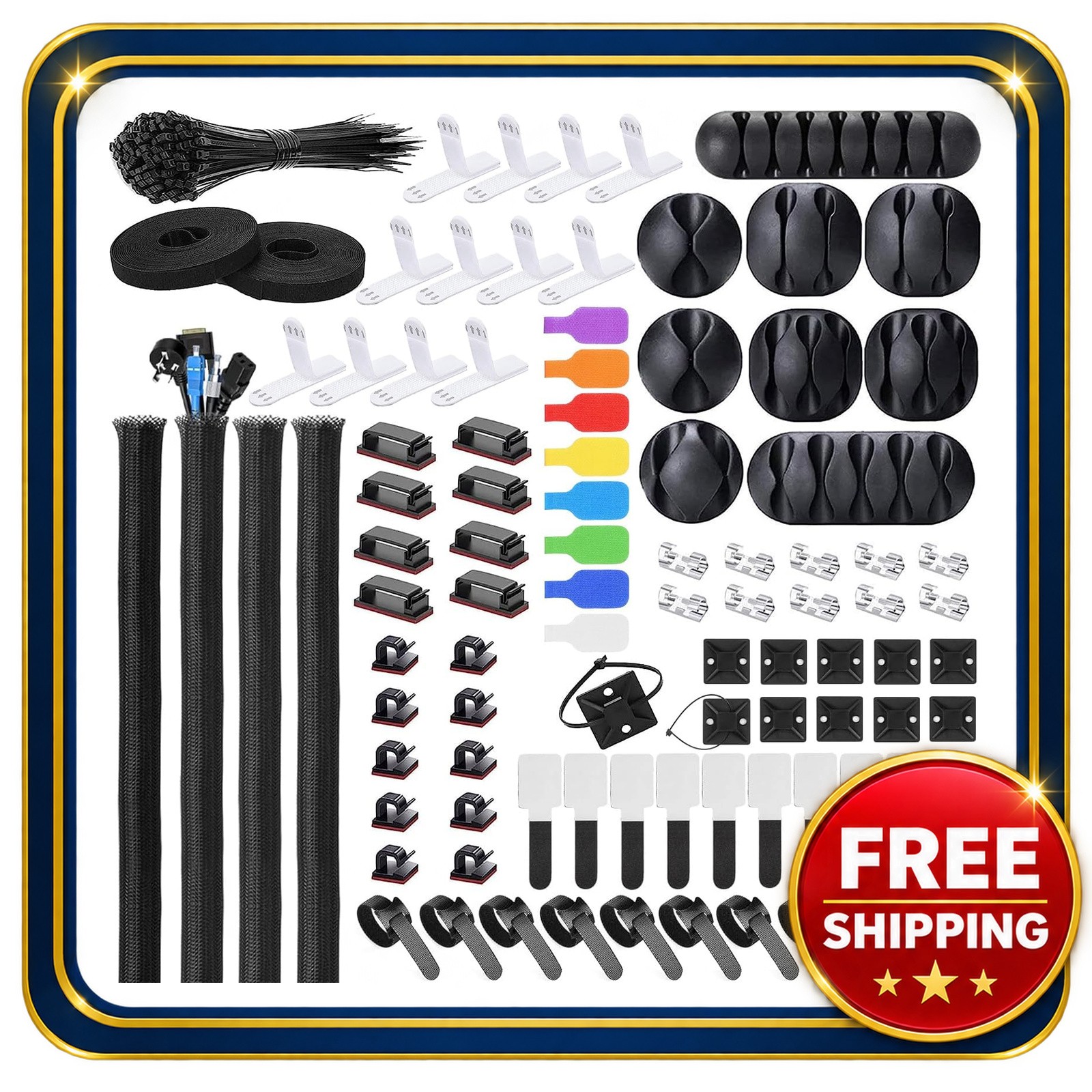 Cable Management Kit with 4 Cable Sleeves and 57 Clips for Organizing Wires