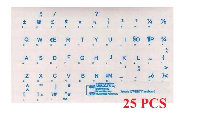 FRENCH QWERTY Keyboard Stickers Transparent - 25pcs (Blue , Red, Yellow ,White)