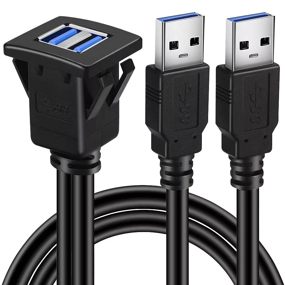 Dual Ports Square USB 3.0 Panel Flush Mount Extension Cable with Buckle for Car